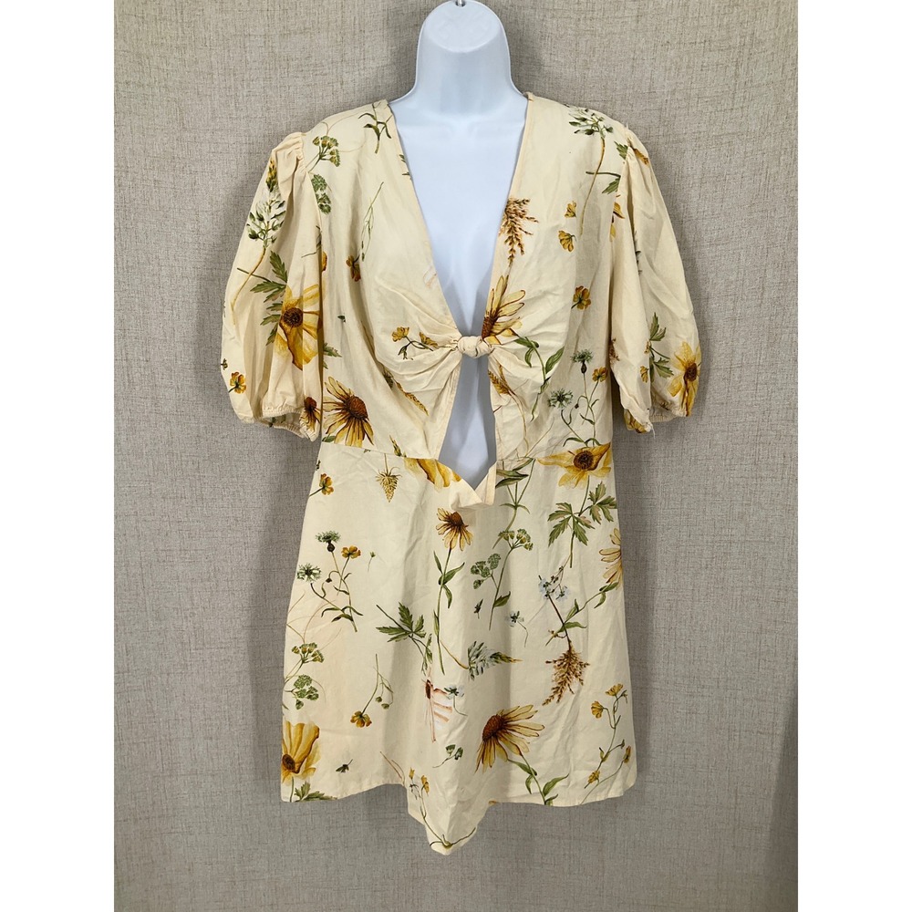 H&M Mini Dress Womens XL Cream Linen Cotton Floral Tie Front Open Back Boho Puff
